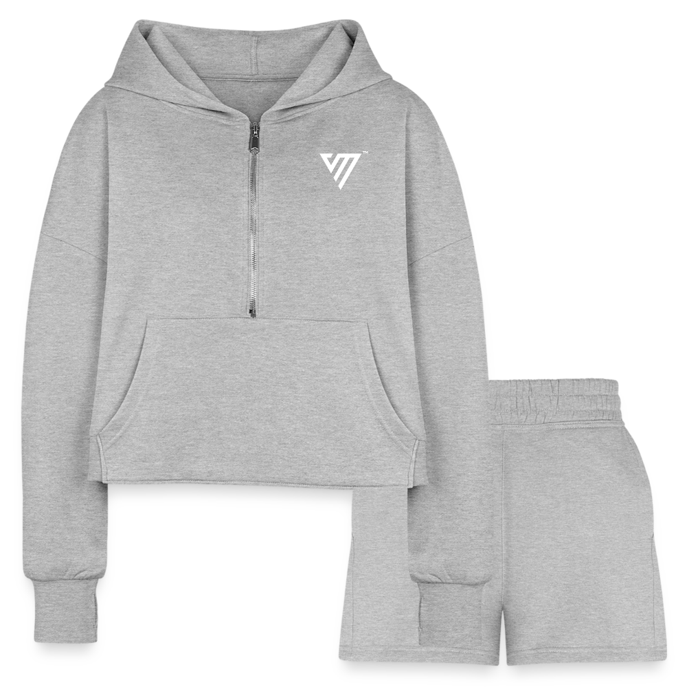 VM Logo [White] Half-Zip Cropped Hoodie & Jogger Short Set - heather gray