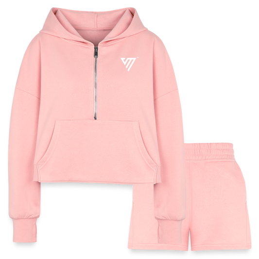 VM Logo [White] Half-Zip Cropped Hoodie & Jogger Short Set - light pink