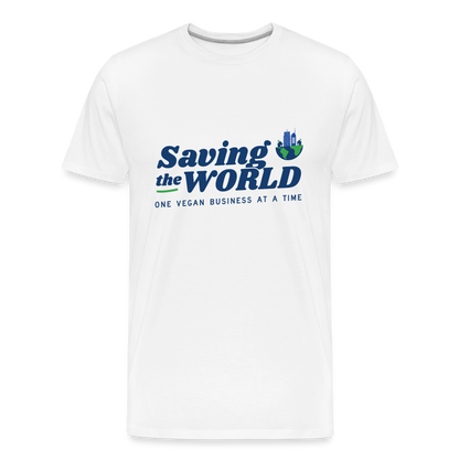 Saving the World [Blue] Straight Cut Organic Cotton Shirt, Front/Back - white