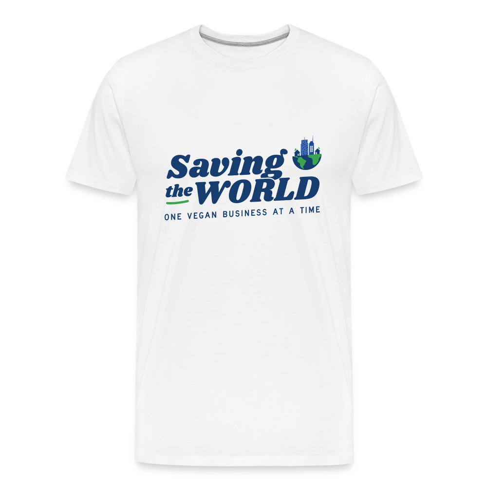 Saving the World [Blue] Straight Cut Organic Cotton Shirt, Front/Back - white