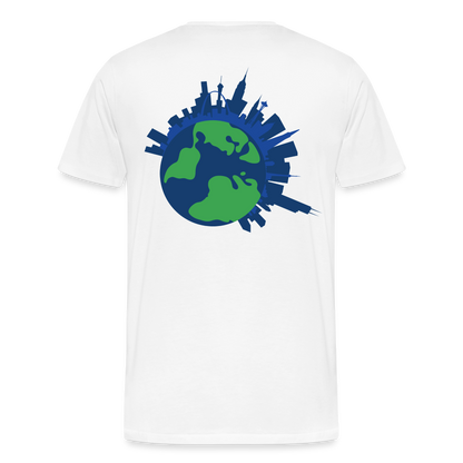 Saving the World [Blue] Straight Cut Organic Cotton Shirt, Front/Back - white
