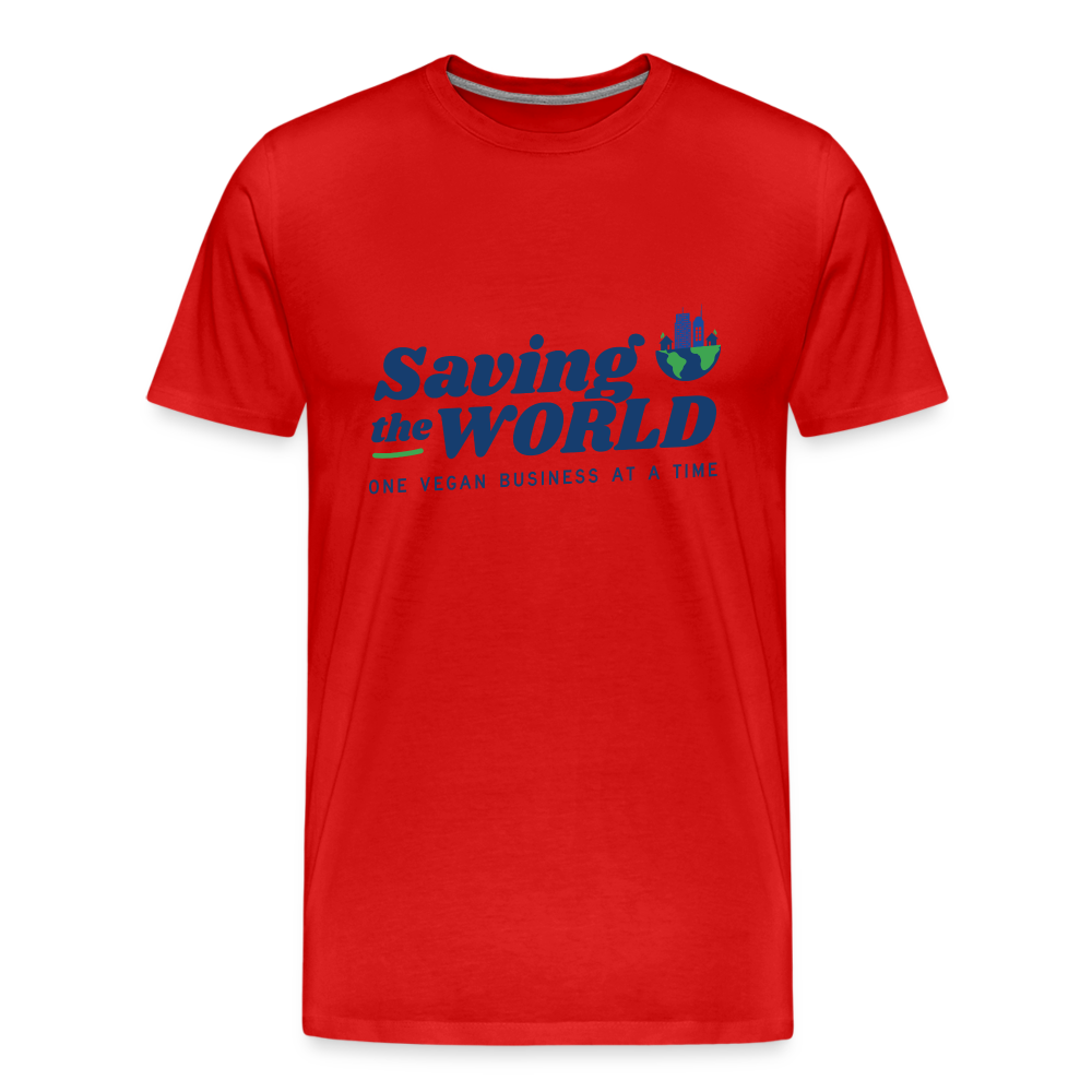 Saving the World [Blue] Straight Cut Organic Cotton Shirt, Front/Back - red