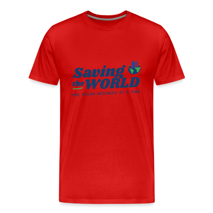 Saving the World [Blue] Straight Cut Organic Cotton Shirt, Front/Back - red