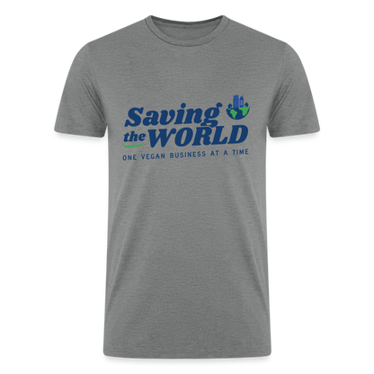 Saving the World [Blue] Straight Cut Organic Tri-Blend Shirt, Front/Back - heather gray
