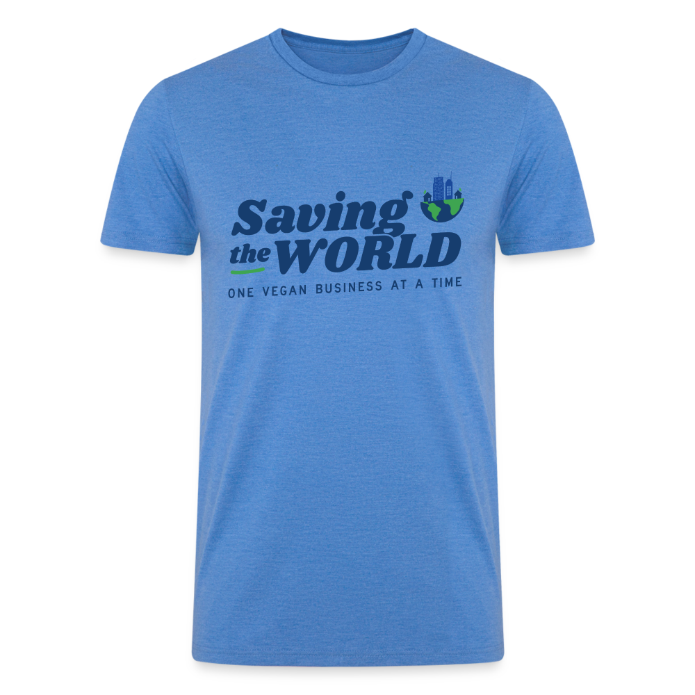 Saving the World [Blue] Straight Cut Organic Tri-Blend Shirt, Front/Back -  heather blue