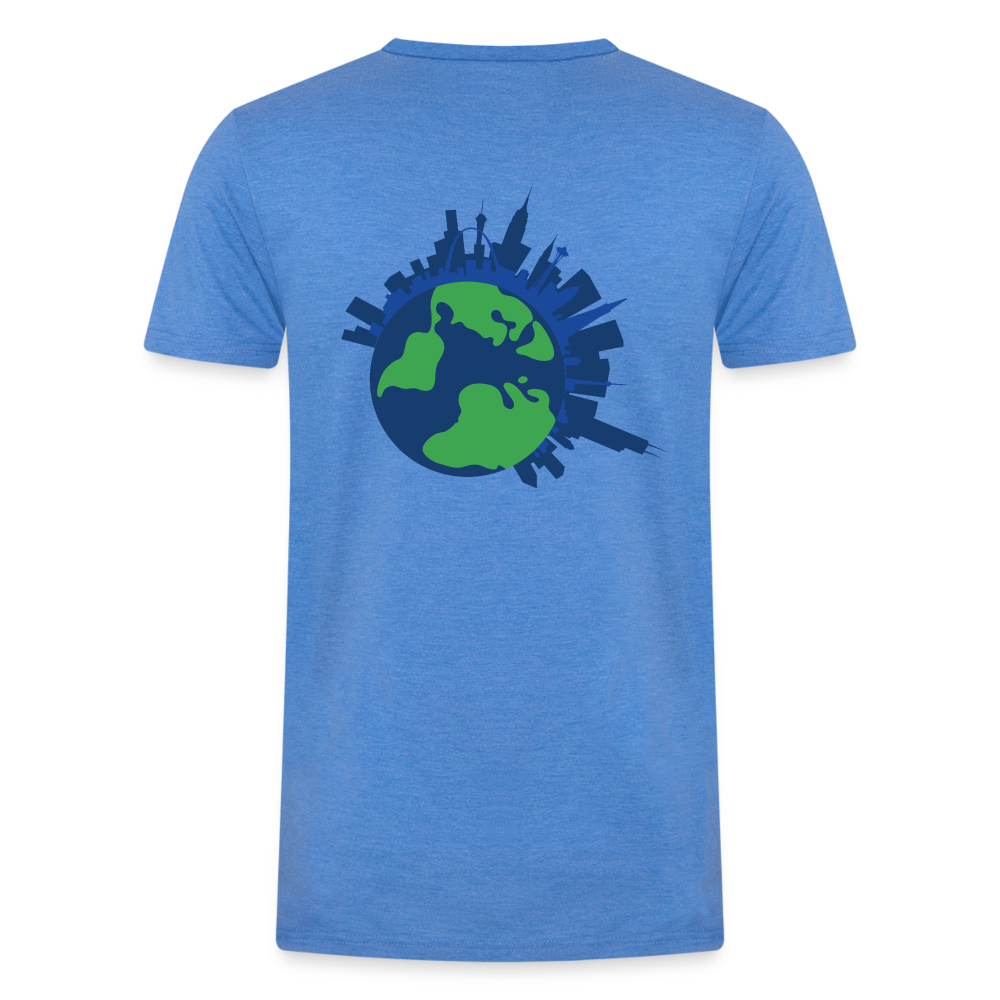 Saving the World [Blue] Straight Cut Organic Tri-Blend Shirt, Front/Back -  heather blue
